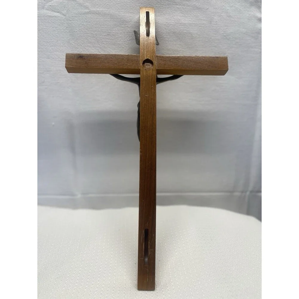 Vintage 15” Wood & Brass INRI Crucifix Jesus Cross Catholic Christian Candle 2pc